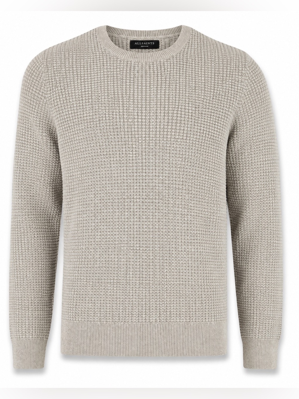AllSaints Rye Crew Waffle Knit Cotton Sweater Stone Medium